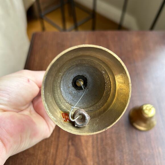 2 Vintage Brass Dinner Bells one w/ long Handle - Picture 6 of 7